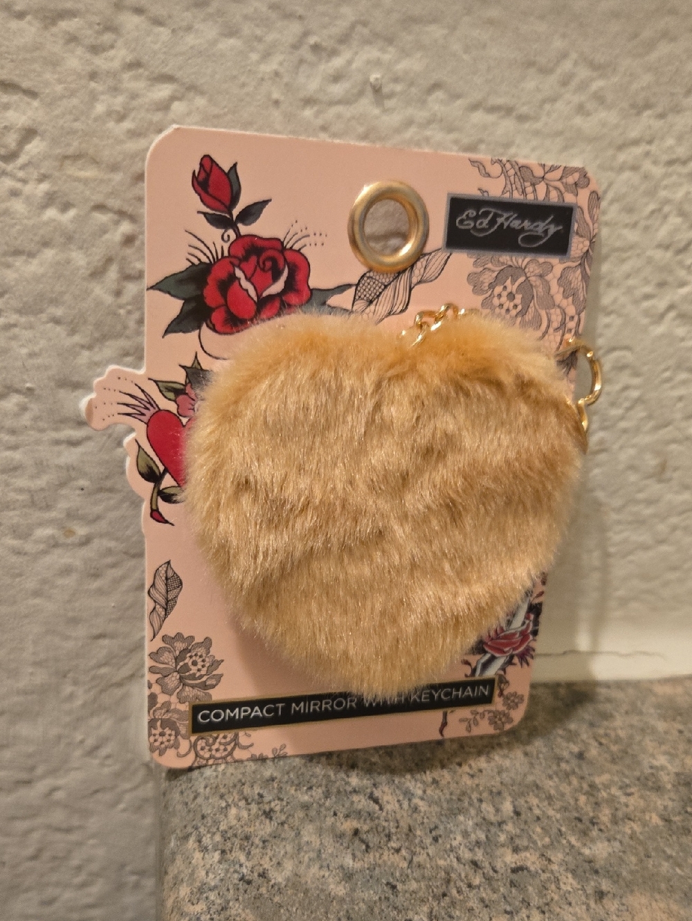 Ed Hardy Tan Faux Fur Heart Keychain Mirror with Gold Hardware New